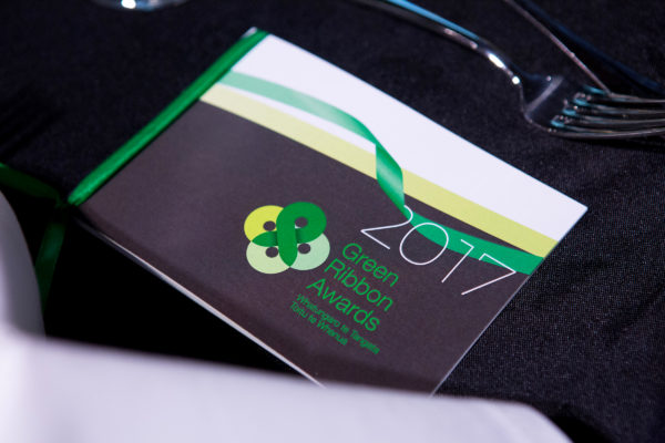 Close up of a small booklet with green ribbon, designed by consultants Wonderlab
