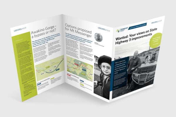 Folded leaflet design with portraits and map graphics by Wellington design agency Wonderlab