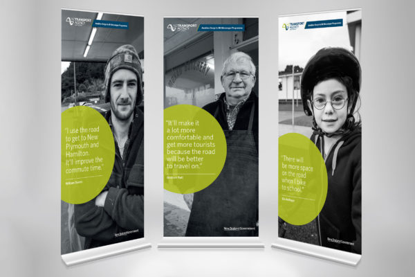 Three banners with branded portrait photography used in a public education campaign by wonderlab.
