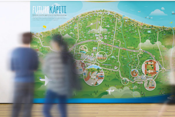 Illustrated mural of a map with blurred people, designed by communication strategists Wonderlab.