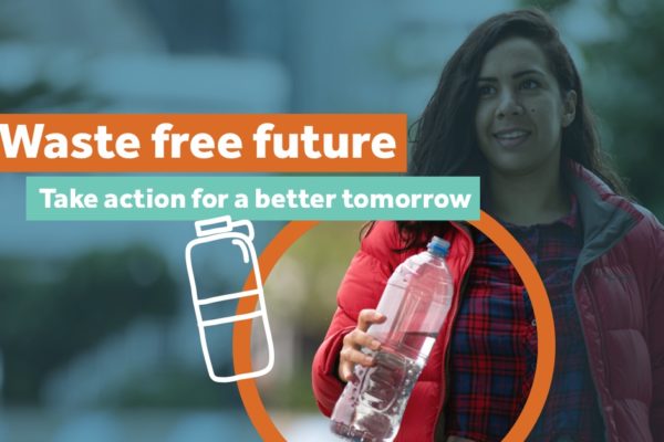Woman holding a water bottle with an illustration superimposed, part of a environmental campaign produced by Wonderlab