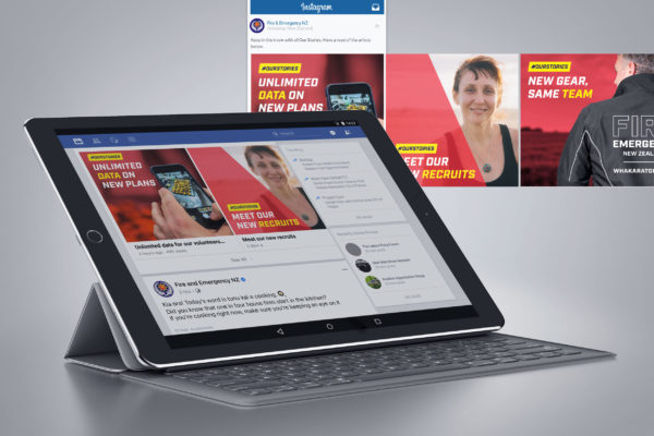 Tablet displaying a facebook page with friendly social media design examples by Wonderlab