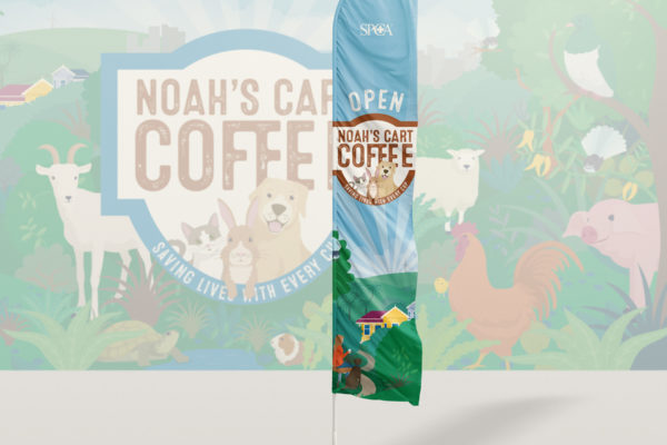 Banner flag showing the application of a new coffee cart brand by Wonderlab.