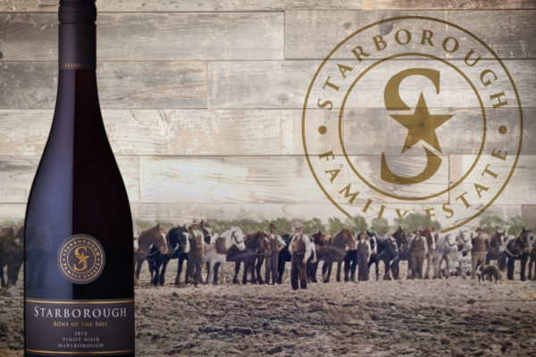 Wine bottle with vintage photograph of horses in the background, presentation work by wine designers Wonderlab.