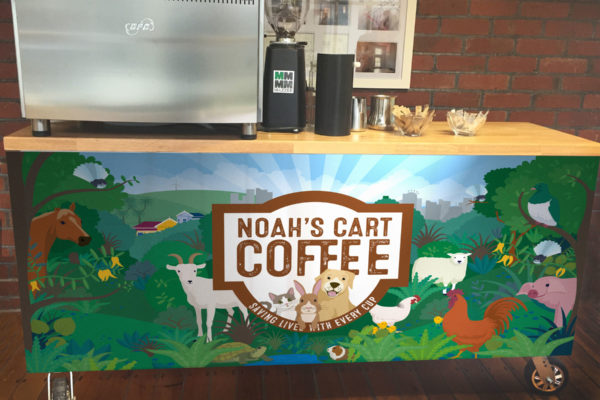 Branded mobile coffee cart with animal illustration by brand designers Wonderlab.