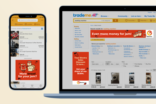 Mobile and laptop showing trademe advertising by ad agency Wonderlab
