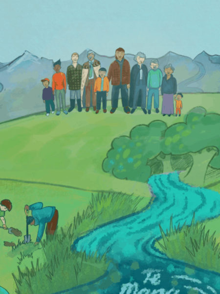 Illustration of people standing by a river, part of a public engagement campaign by Wonderlab
