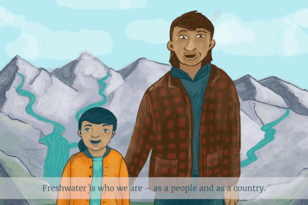 Illustration of people standing by a mountain part of an animated public engagement campaign by Wonderlab