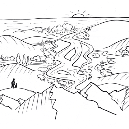 Line illustration in black and white of people standing by a river, part of a public engagement campaign by Wonderlab