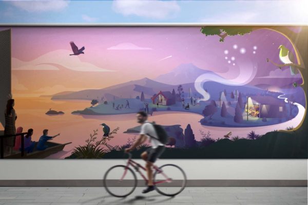 Large illustrated mural showing brand application by Wonderlab