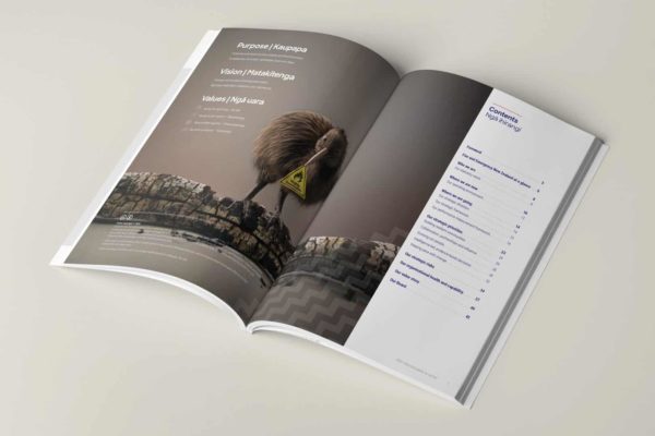Inside spread of a report showing a contents page, by Wellington print design agency Wonderlab