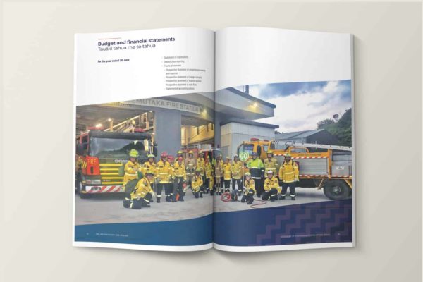 Inside spread of a report featuring firefighters, by Wellington design agency Wonderlab