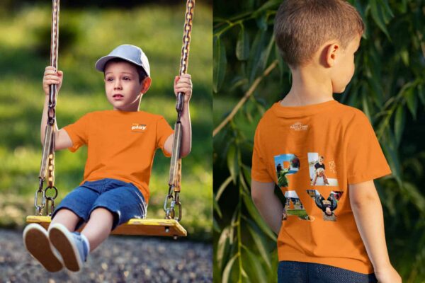 Two boys wearing a branded orange t shirt, created by digital agency Wonderlab