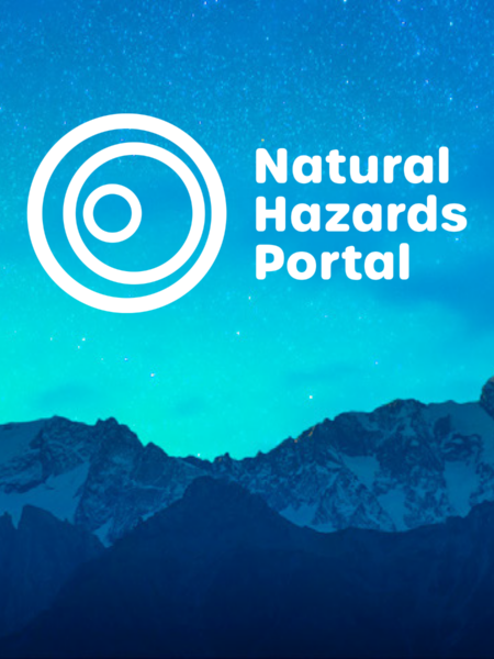 The natural hazards portal logo with mountains in the background.