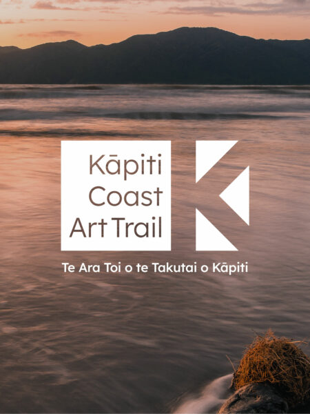The brand identity for the Kāpiti Coast Art Trail overlaid on a seascape of Kāpiti Island.