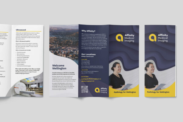 A tri fold brochure with a yellow and black design.