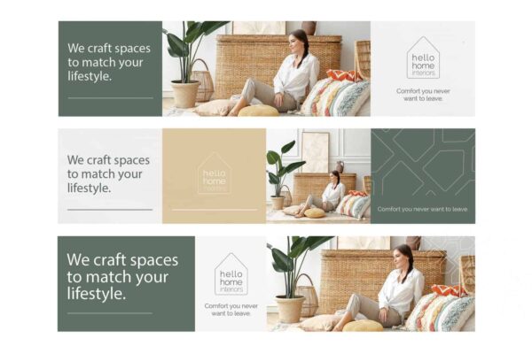 A set of banners with a picture of a woman sitting on a couch.