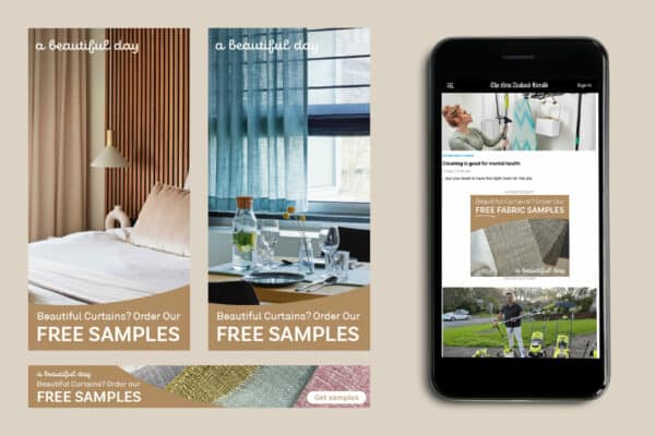 Three images promoting free fabric samples for curtains from "A Beautiful Day" are displayed alongside a phone showing an article titled "Cleaning is good for mental health.