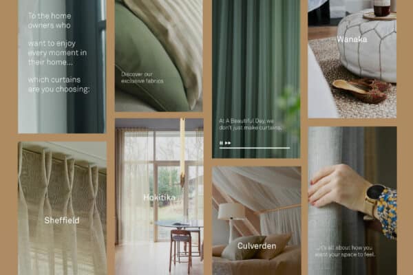 Collage of images showcasing different curtain fabrics and styles, with text describing the benefits and names of the collections: Wanaka, Hokitika, Sheffield, and Culverden.