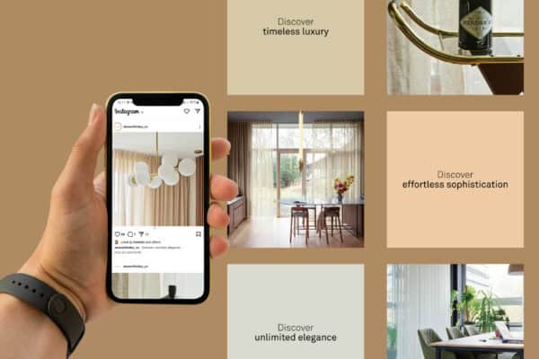 Hand holding a smartphone displaying an interior design Instagram post, surrounded by images of elegant, modern rooms and text promoting timeless luxury, effortless sophistication, and unlimited elegance.