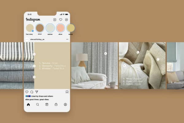 A smartphone screen shows an Instagram post with various neutral-toned color swatches. Behind it are images of fabric samples and furniture in similar neutral tones.