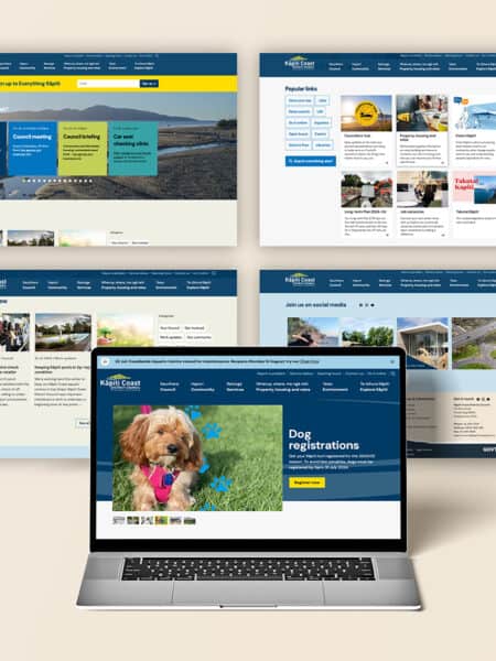 A laptop displaying a website with a dog registration page is in front of four website pages featuring various categories such as community services, local governance, and news updates.