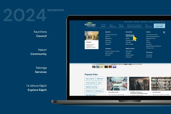 A laptop screen displays the Kapiti Coast District Council website homepage with navigation links for Libraries, Animals, Recreation, and Events, alongside a mouse pointer. The background says "2024 Navigation.